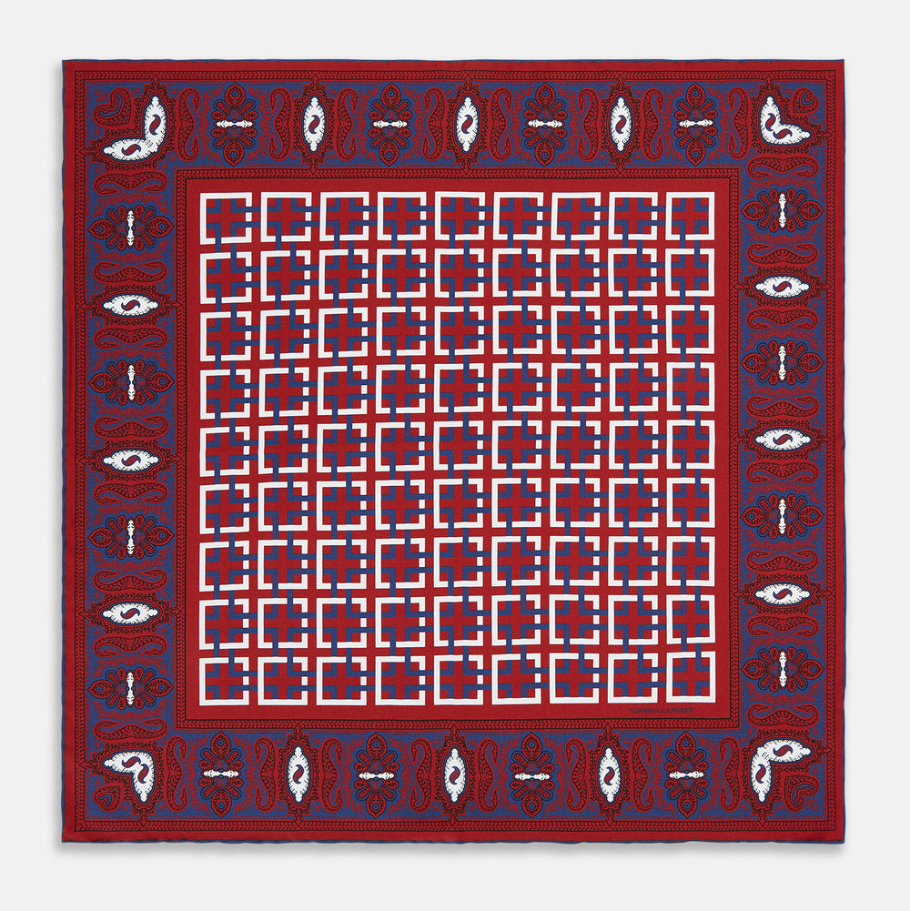 Red Square-Patterned and Paisley Patterned Silk Pocket Square OS