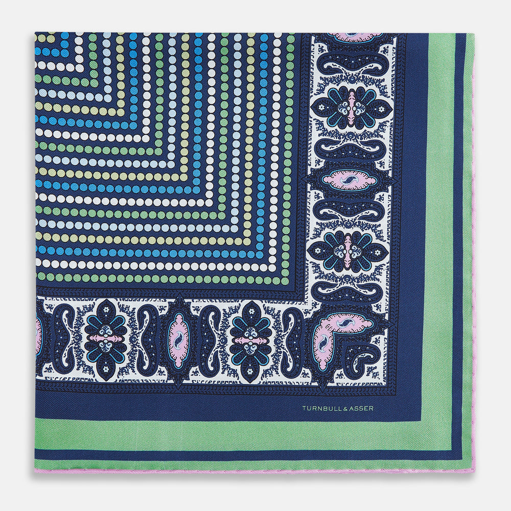 Oxford Blue Dots and Paisley Silk Pocket Square OS