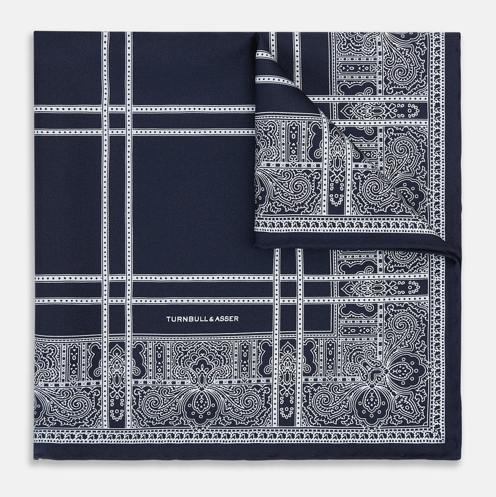 Navy Paisley Bandana Patterned Silk Pocket Square OS