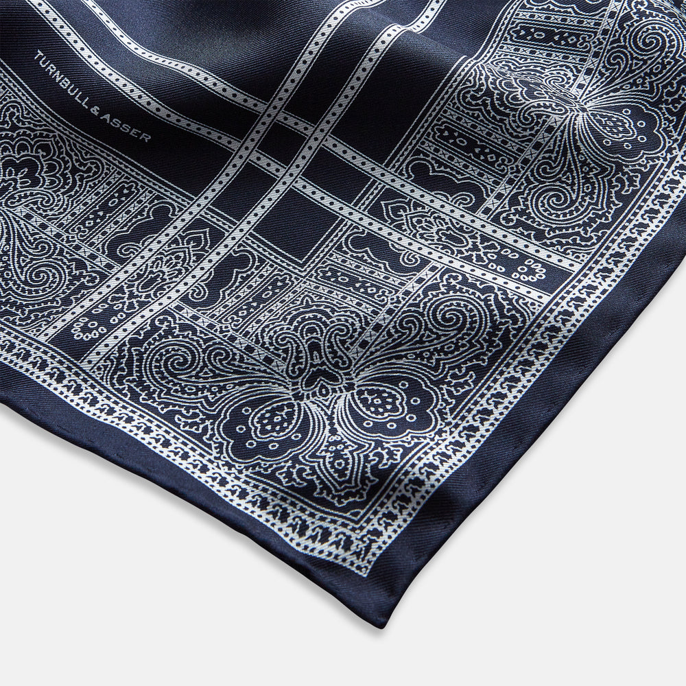 Navy Paisley Bandana Patterned Silk Pocket Square OS