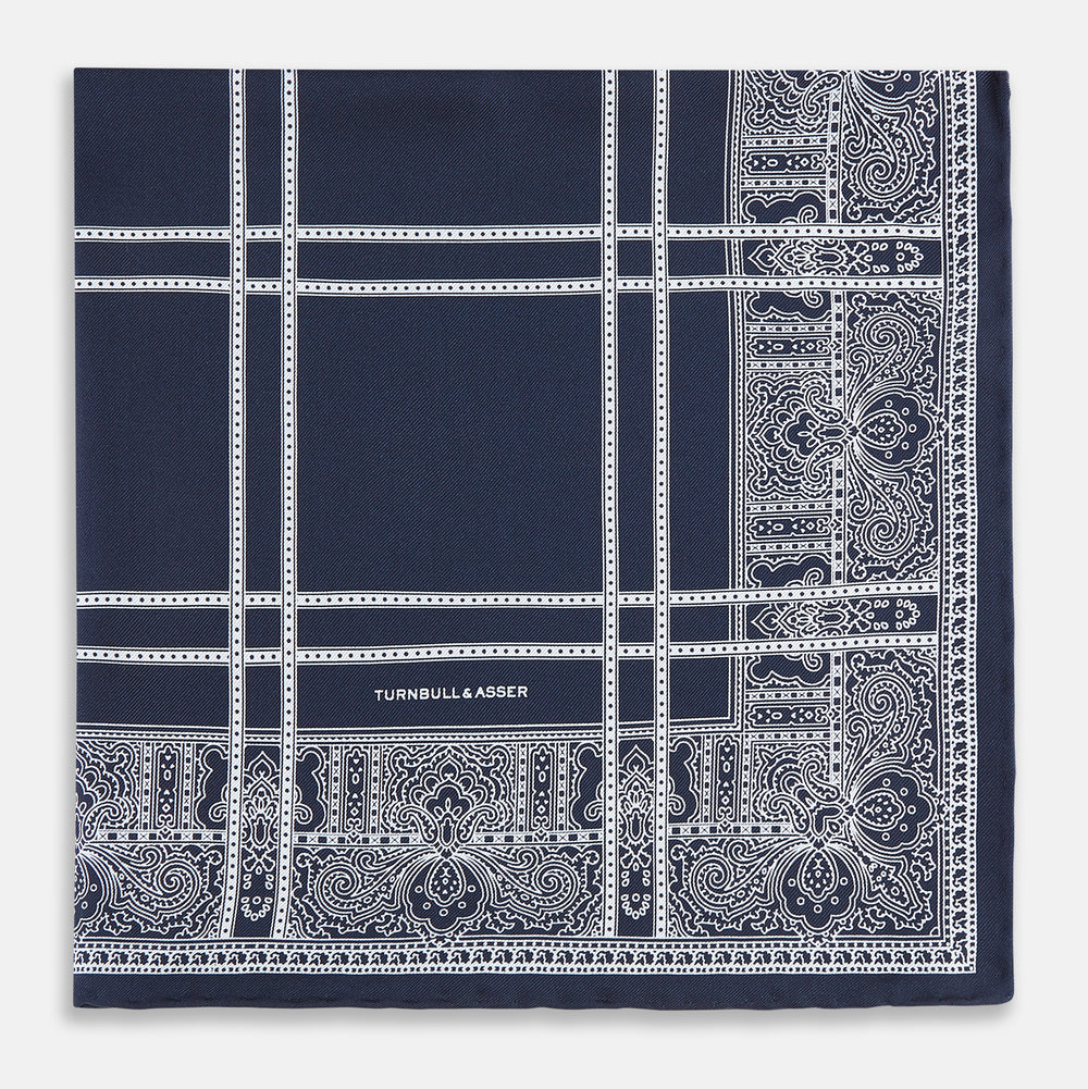 Navy Paisley Bandana Patterned Silk Pocket Square OS