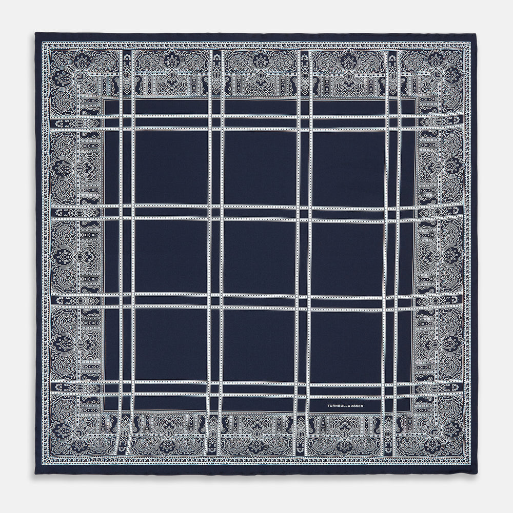 Navy Paisley Bandana Patterned Silk Pocket Square OS