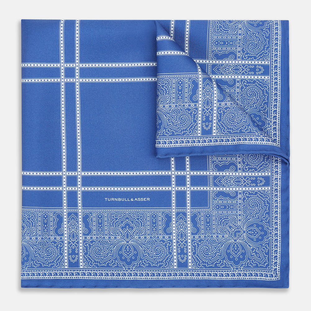 Avio Blue Paisley Bandana Patterned Silk Pocket Square OS
