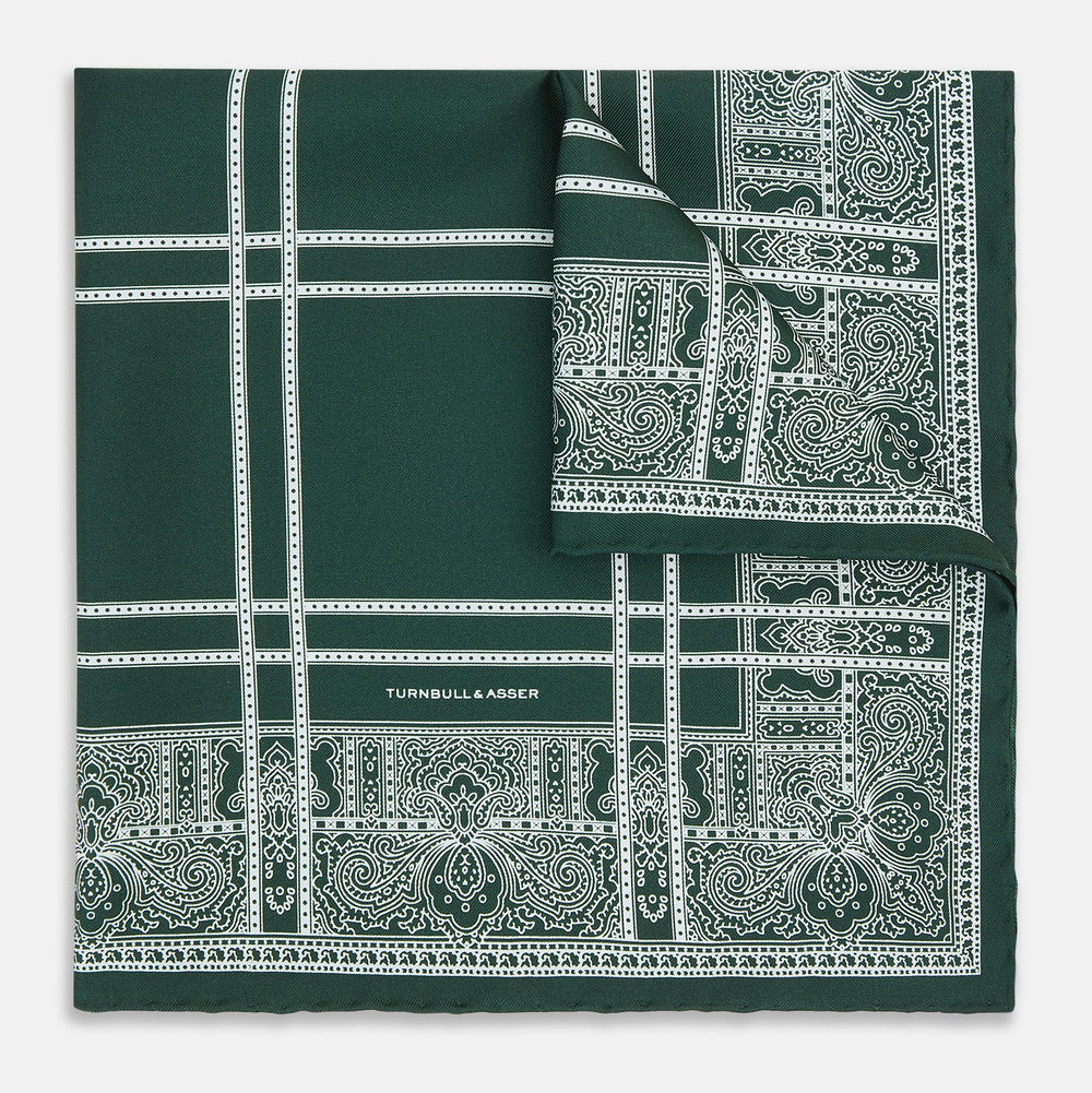 Forest Green Paisley Bandana Patterned Silk Pocket Square OS