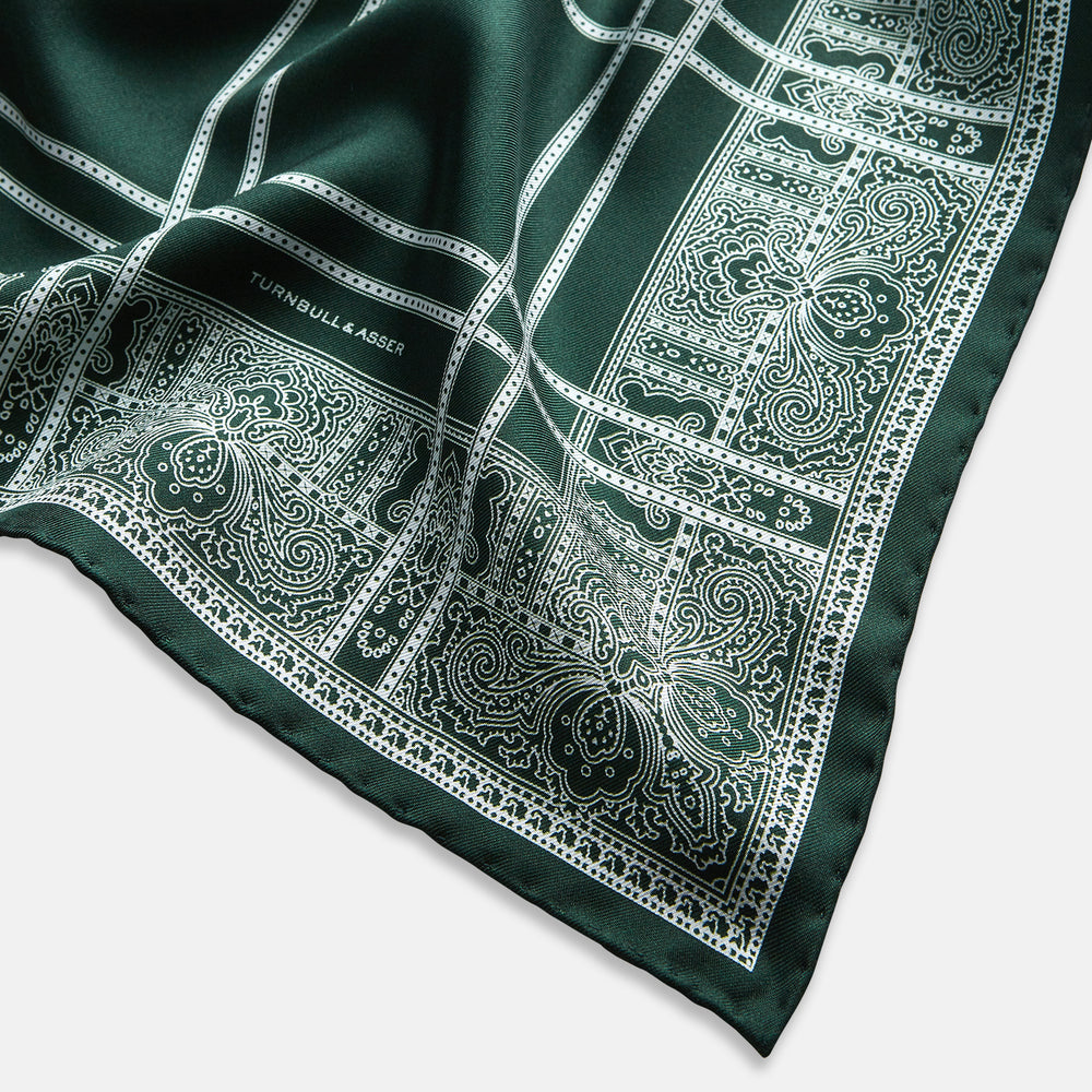 Forest Green Paisley Bandana Patterned Silk Pocket Square OS