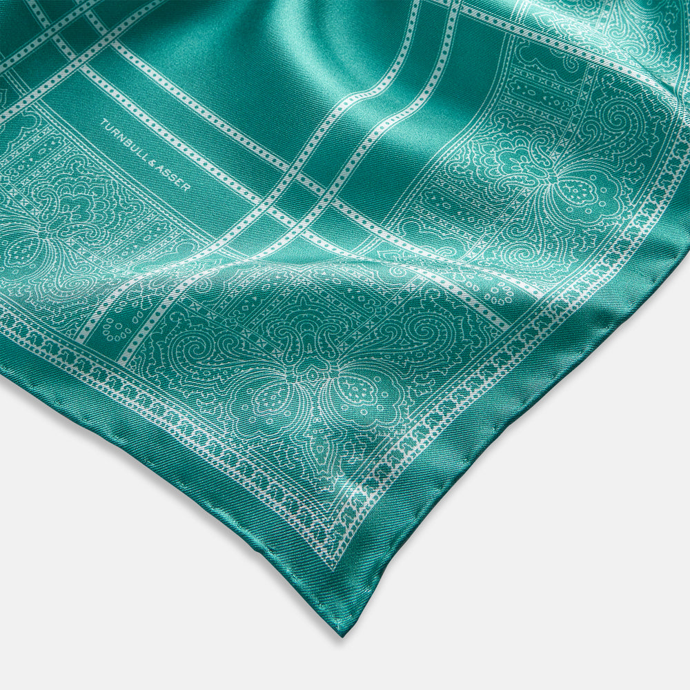 Turquoise Paisley Bandana Patterned Silk Pocket Square OS