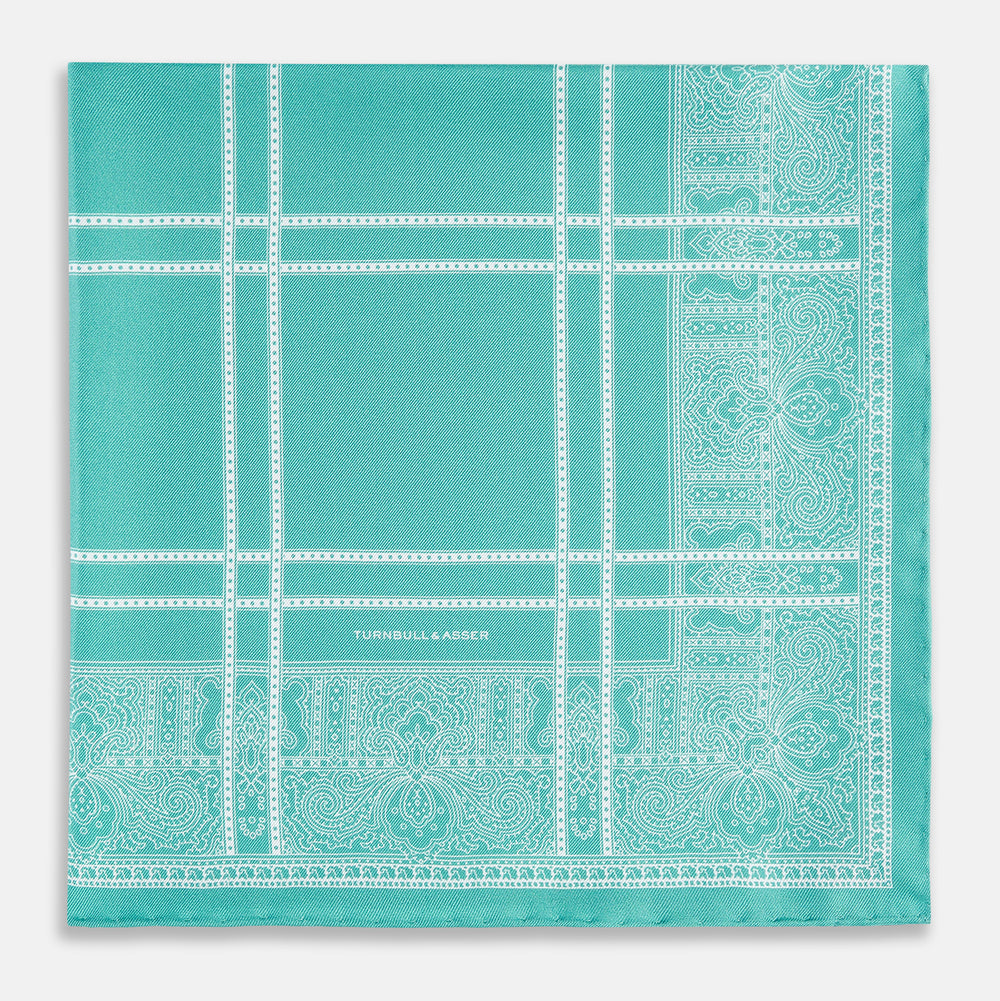 Turquoise Paisley Bandana Patterned Silk Pocket Square OS
