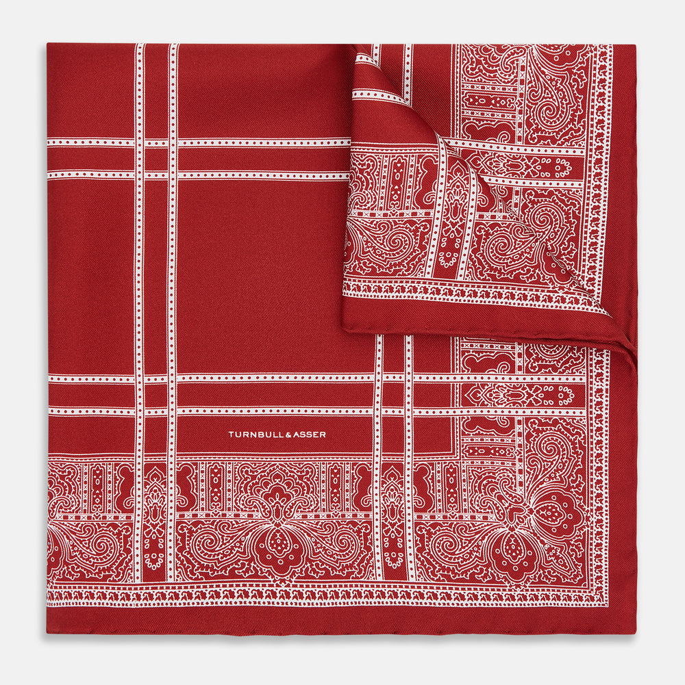 Red Paisley Bandana Patterned Silk Pocket Square OS