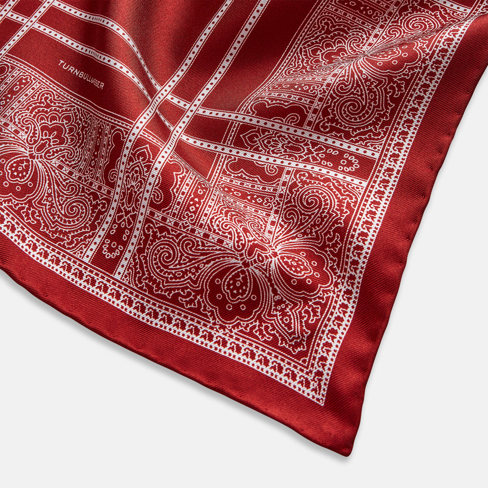 Red Paisley Bandana Patterned Silk Pocket Square OS