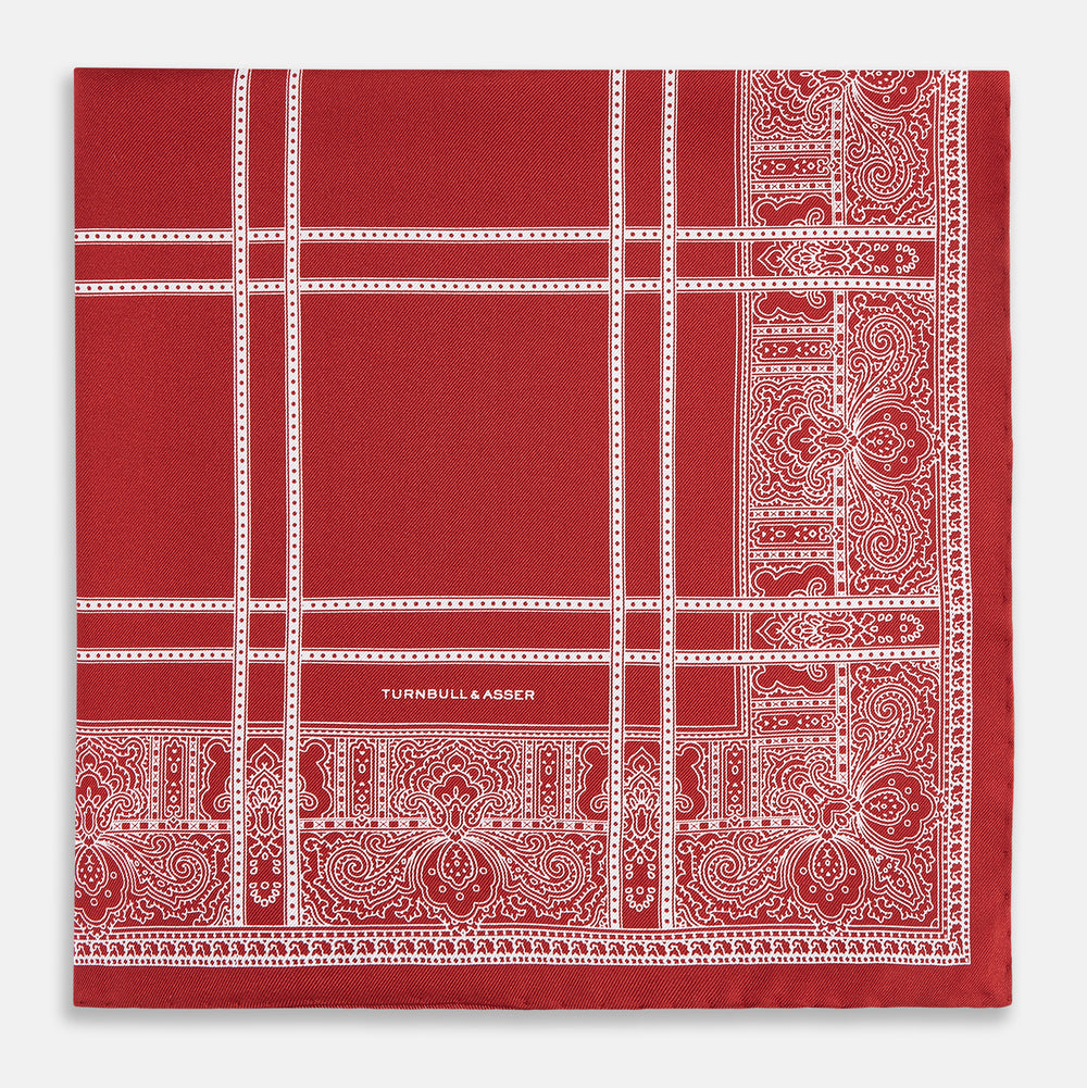 Red Paisley Bandana Patterned Silk Pocket Square OS