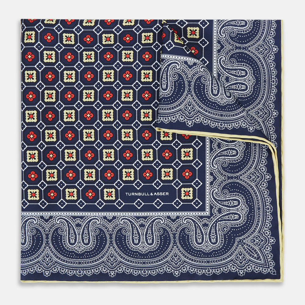 Dark Navy Floral Tile and Paisley Silk Pocket Square OS
