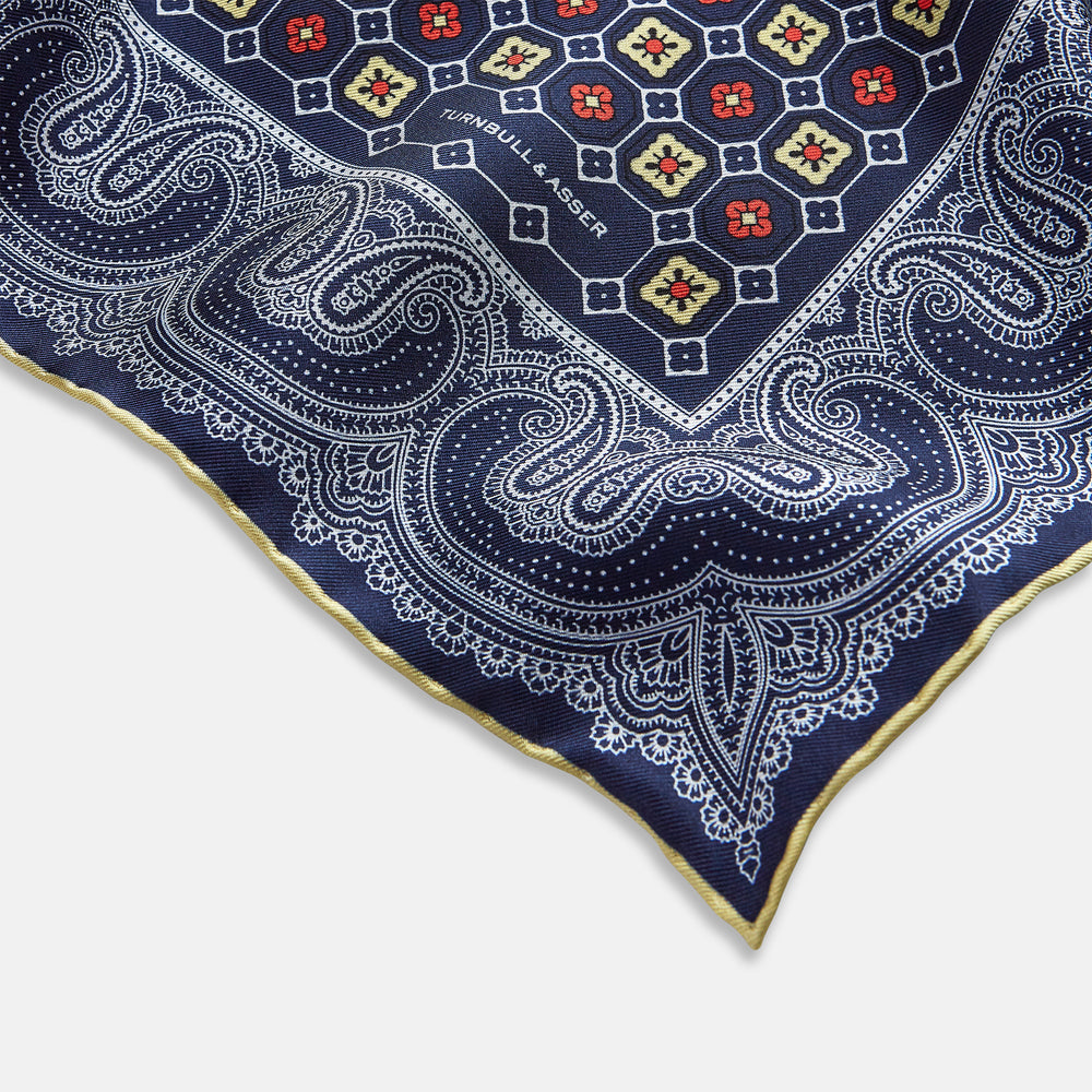 Dark Navy Floral Tile and Paisley Silk Pocket Square OS