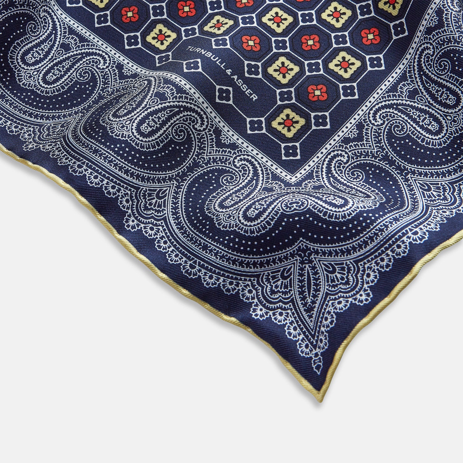 View 2 of product Dark Navy Floral Tile and Paisley Silk Pocket Square OS