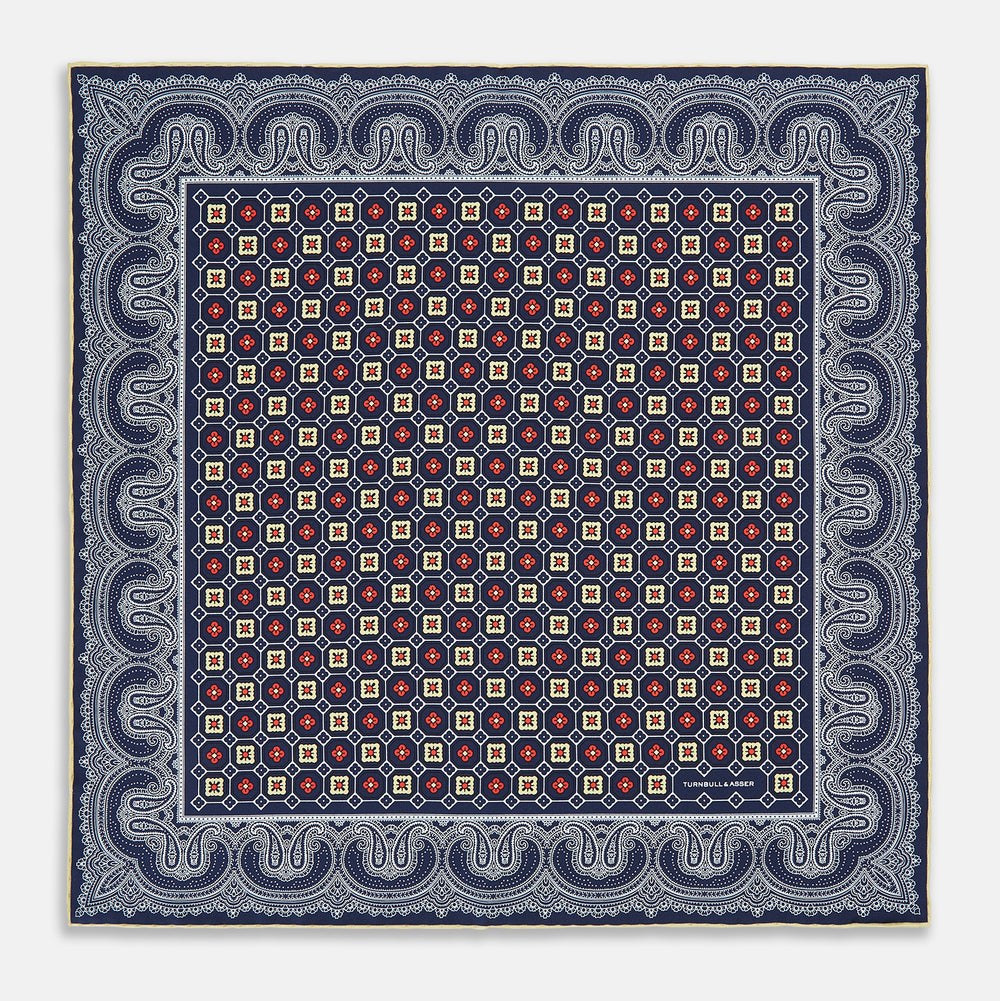 Dark Navy Floral Tile and Paisley Silk Pocket Square OS