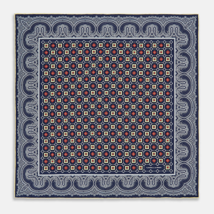 Dark Navy Floral Tile and Paisley Silk Pocket Square Image 2