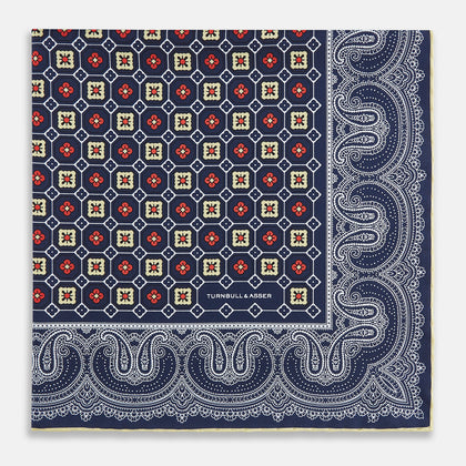 Dark Navy Floral Tile and Paisley Silk Pocket Square Image 3