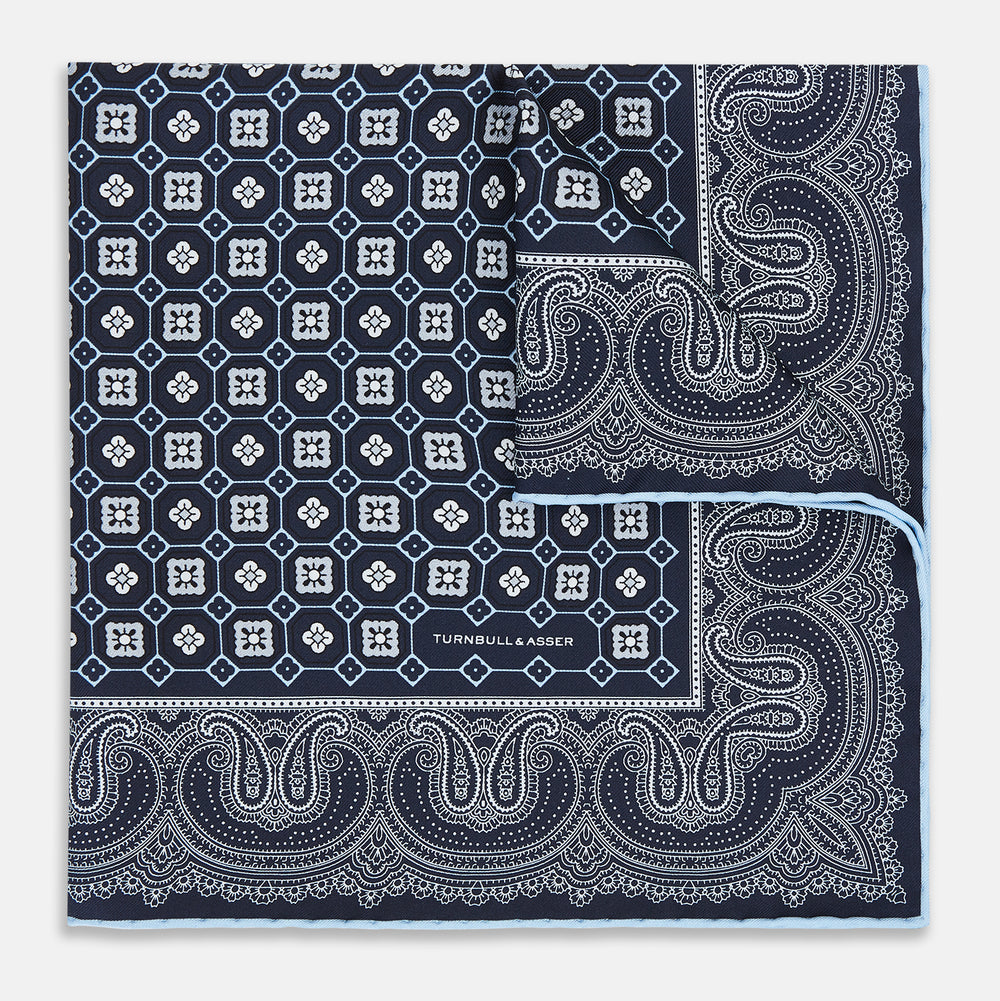 Navy Floral Tile and Paisley Silk Pocket Square OS