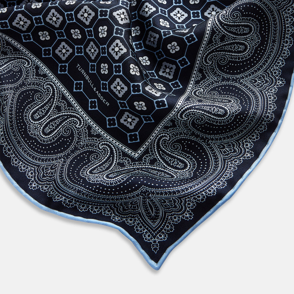 Navy Floral Tile and Paisley Silk Pocket Square OS