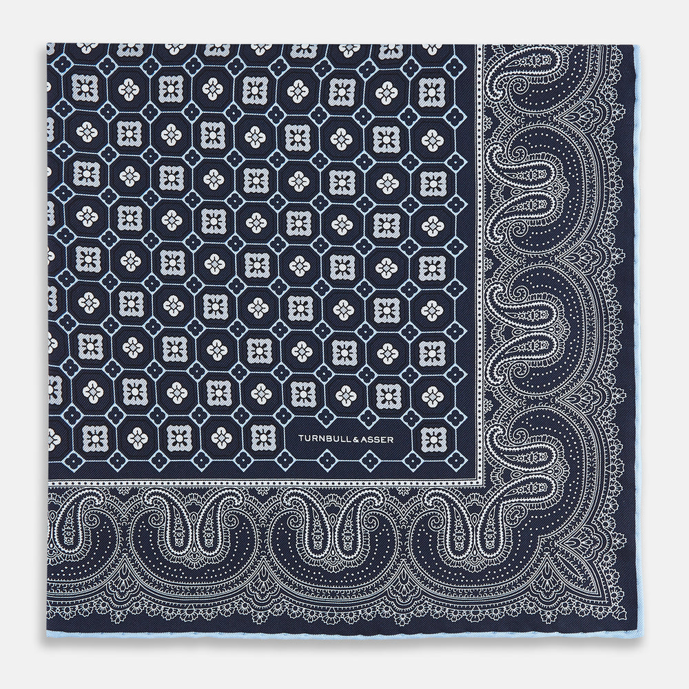 Navy Floral Tile and Paisley Silk Pocket Square OS