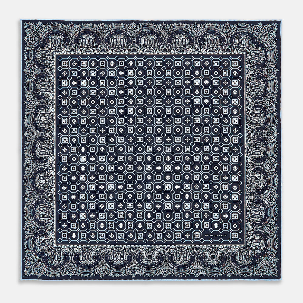 Navy Floral Tile and Paisley Silk Pocket Square OS