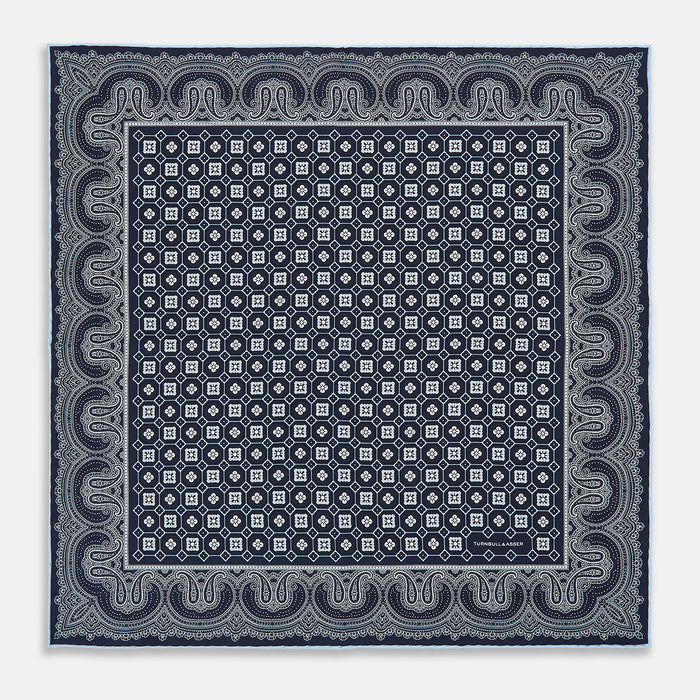 Navy Floral Tile and Paisley Silk Pocket Square Image 3