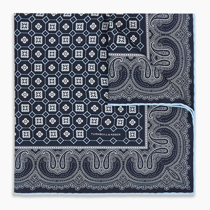 Navy Floral Tile and Paisley Silk Pocket Square Image 4