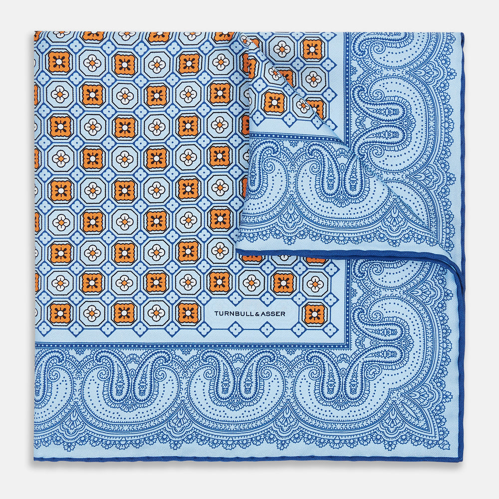 Blue Floral Tile and Paisley Silk Pocket Square OS