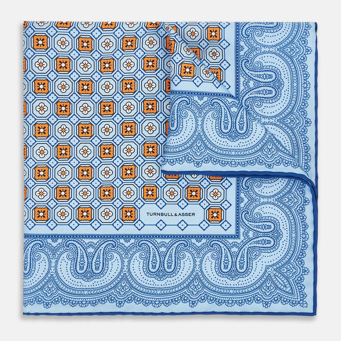 Blue Floral Tile and Paisley Silk Pocket Square