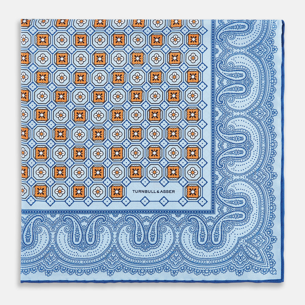 Blue Floral Tile and Paisley Silk Pocket Square OS