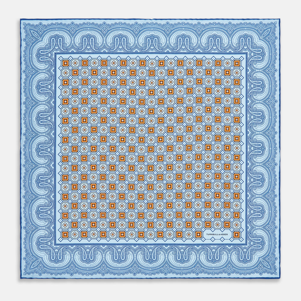 Blue Floral Tile and Paisley Silk Pocket Square OS