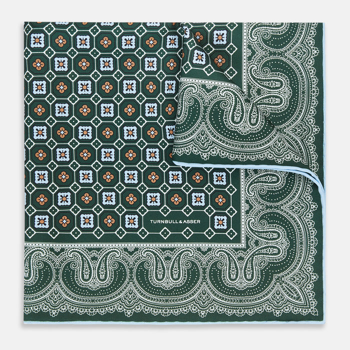 Forest Green Floral Tile and Paisley Silk Pocket Square