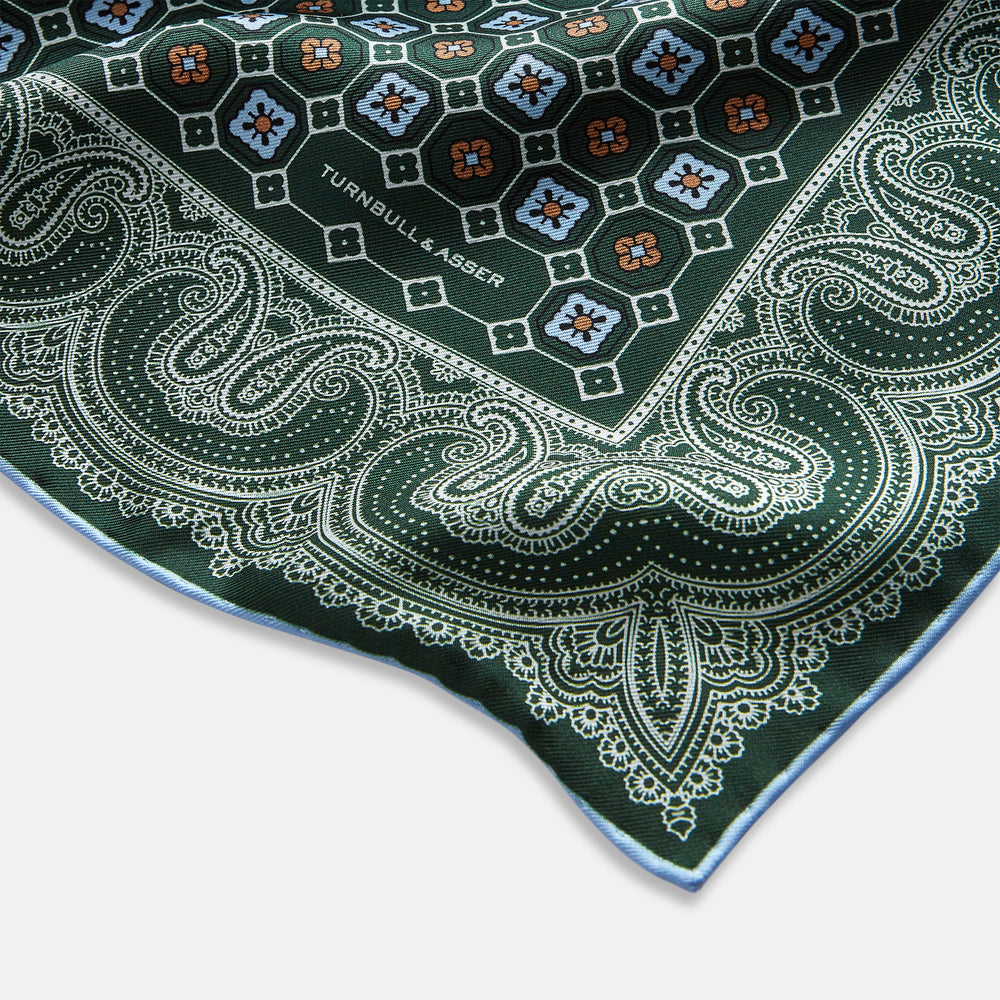 Forest Green Floral Tile and Paisley Silk Pocket Square OS