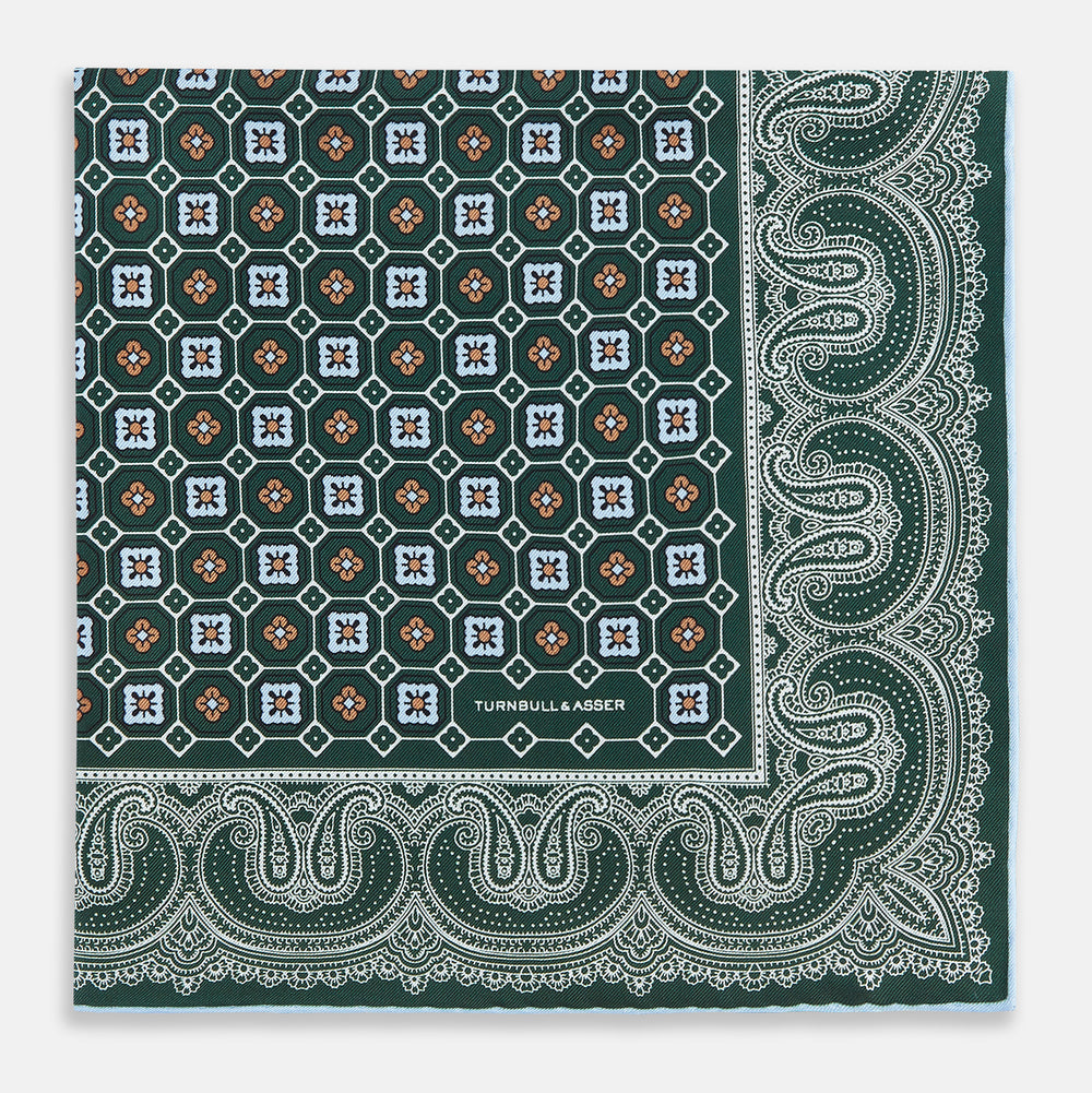 Forest Green Floral Tile and Paisley Silk Pocket Square OS