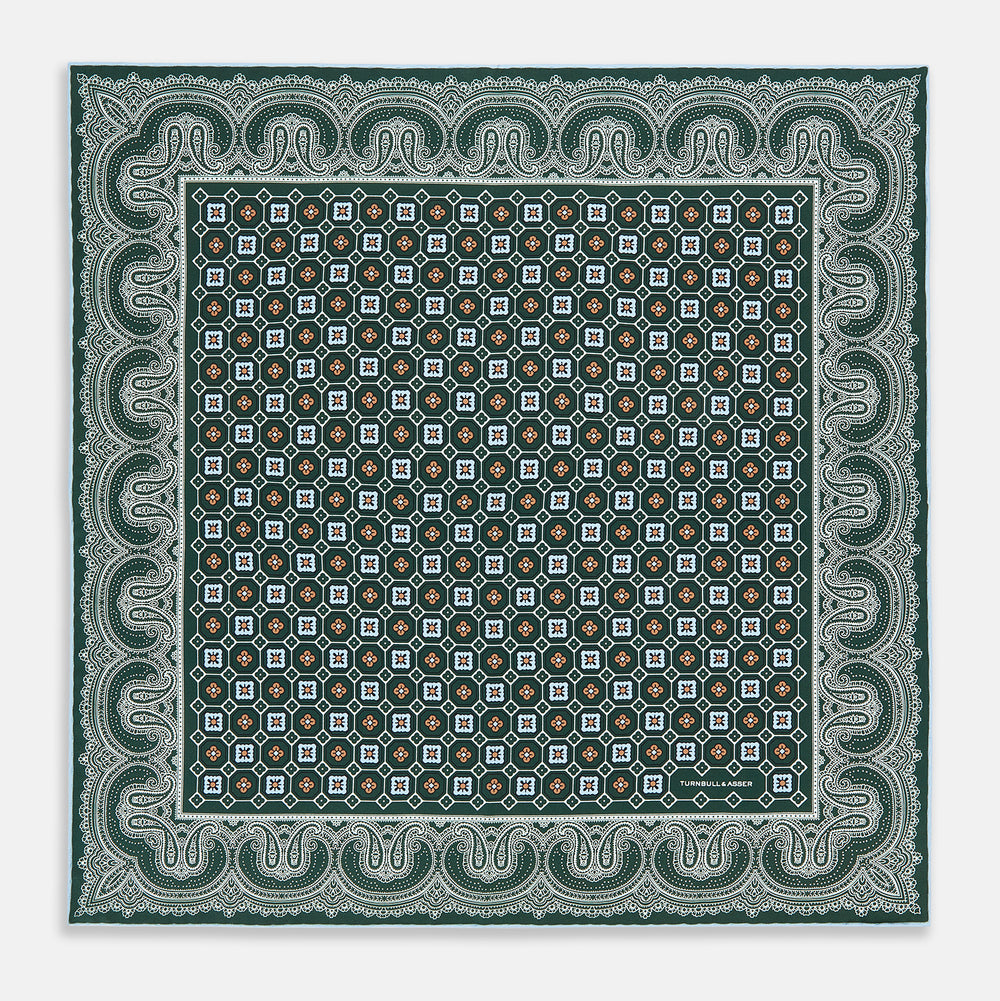 Forest Green Floral Tile and Paisley Silk Pocket Square OS