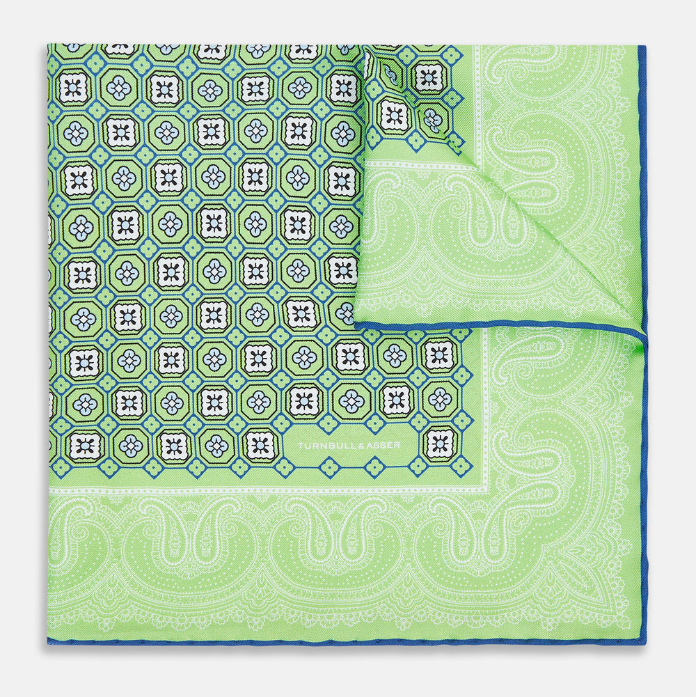 Fern Green Floral Tile and Paisley Silk Pocket Square OS