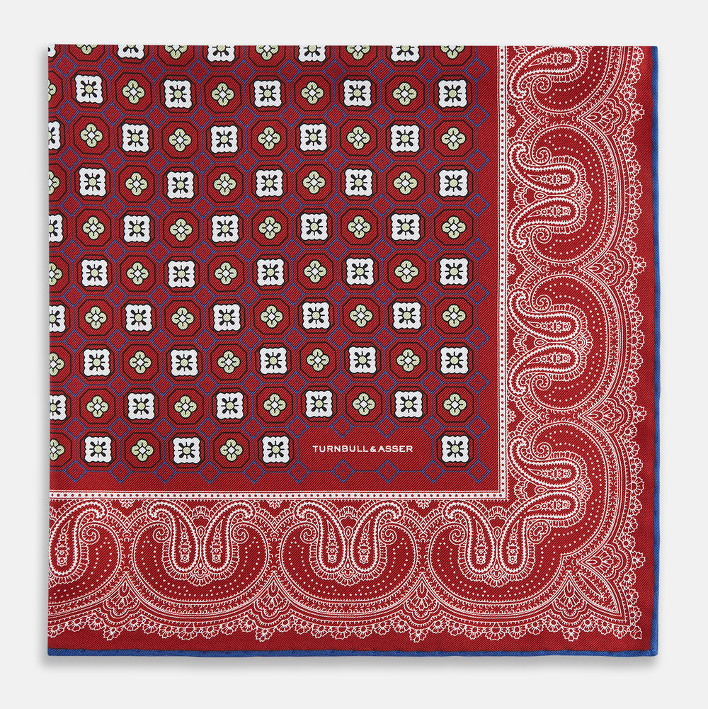 Red Floral Tile and Paisley Silk Pocket Square OS