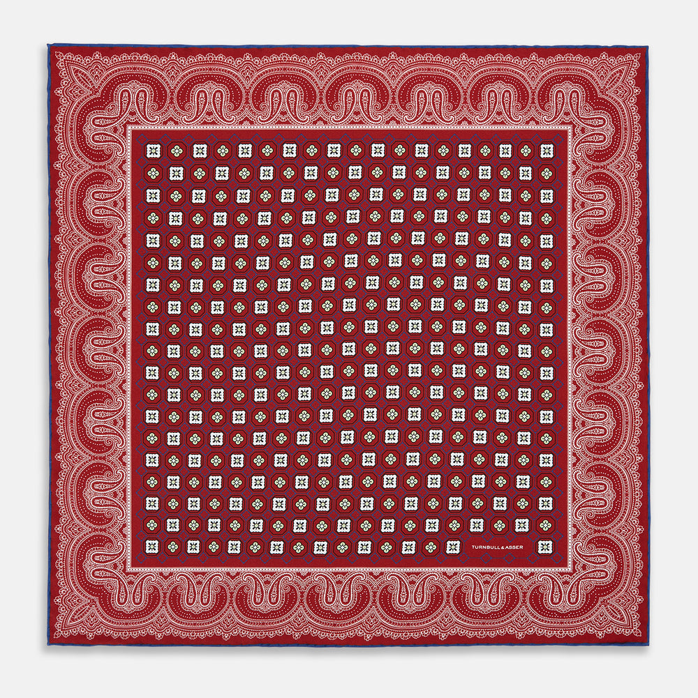 Red Floral Tile and Paisley Silk Pocket Square OS