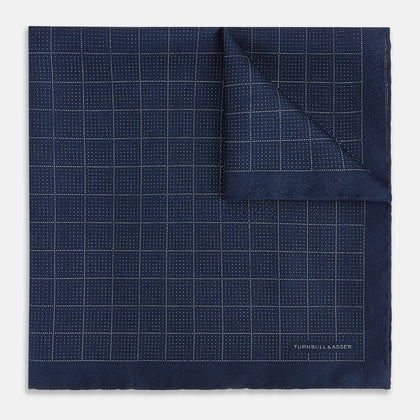 Checked Blue Pocket Square in Silk Image 1