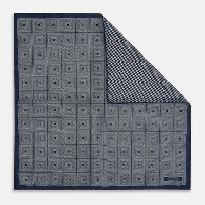 Geometric Navy Tile Pocket Square in Silk