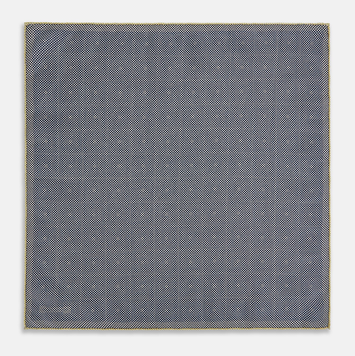 View 6 of product The Turnbull & Asser UK Geometric Yellow Tile Pocket Square in Silk features a sophisticated geometric square pattern in gold and navy, accented with subtle concentric squares and a discreet label stitched into the bottom right corner. Its double-sided design is highlighted by a folded corner that reveals a contrasting dotted navy and white underside.