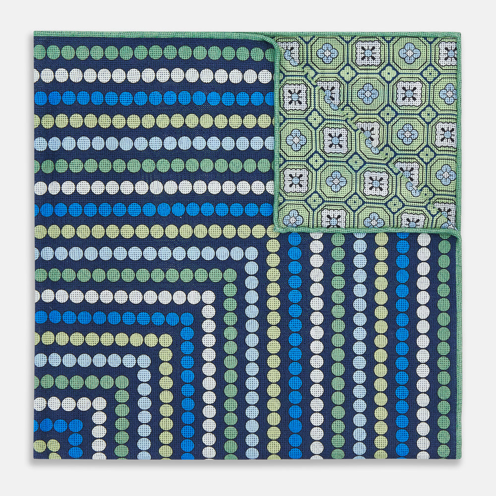 Oxford Blue Dots and Floral Tile Double-Sided Silk Pocket Square OS