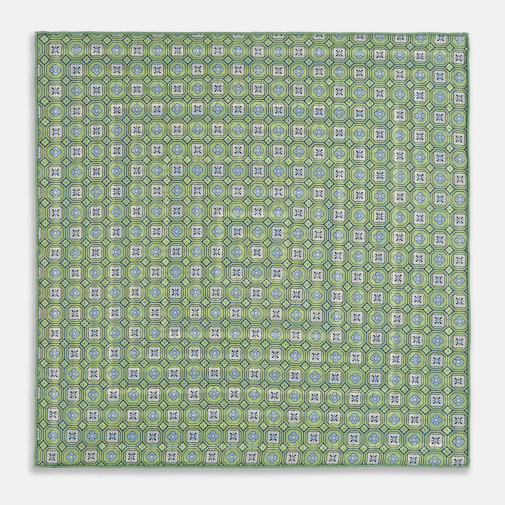 Oxford Blue Dots and Floral Tile Double-Sided Silk Pocket Square OS