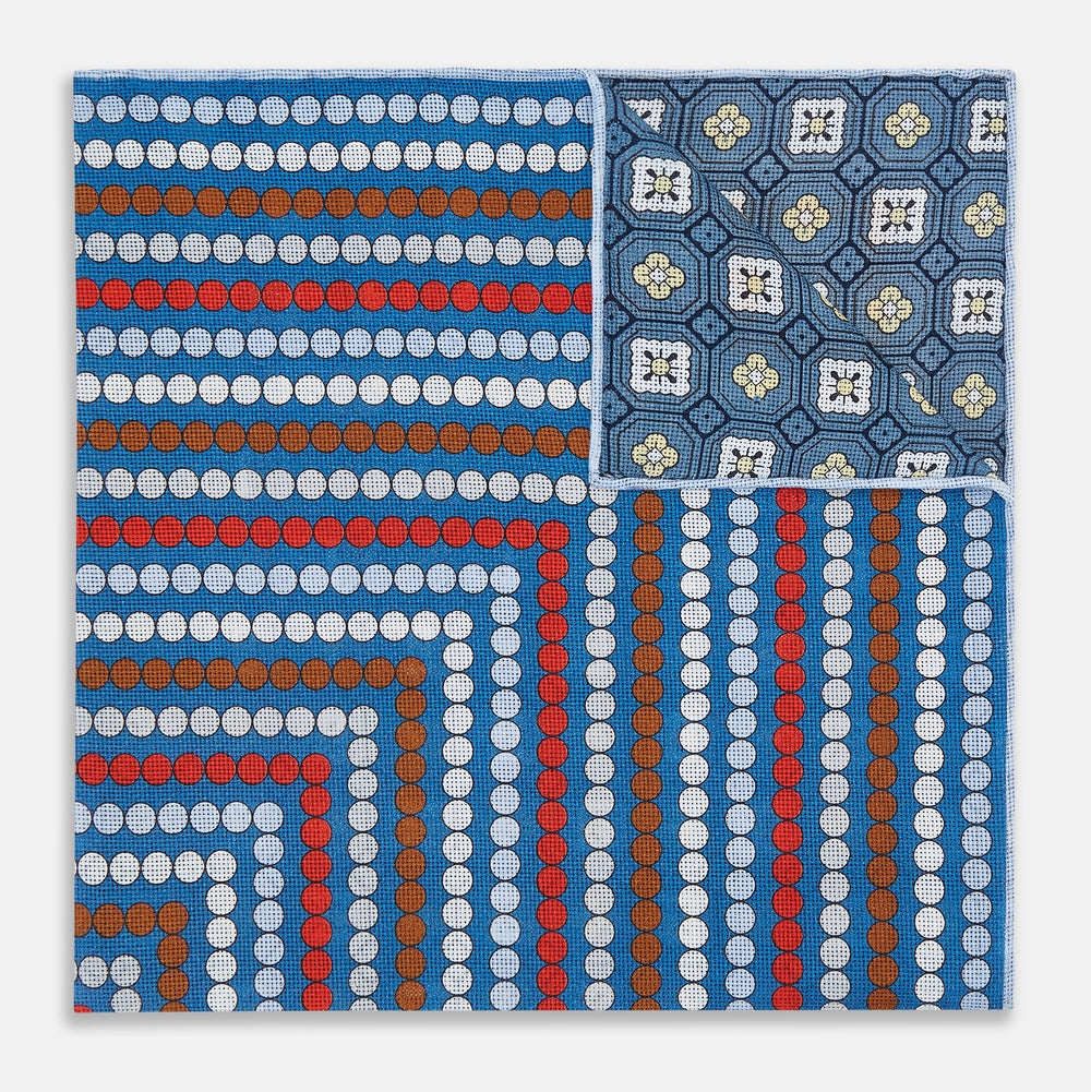 Blue Bonnet Dots and Floral Tile Double-Sided Silk Pocket Square OS