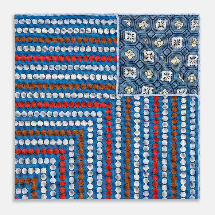 Blue Bonnet Dots and Floral Tile Double-Sided Silk Pocket Square Image 2