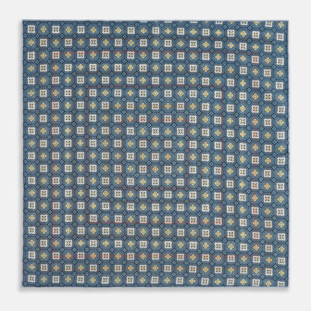 Blue Bonnet Dots and Floral Tile Double-Sided Silk Pocket Square OS
