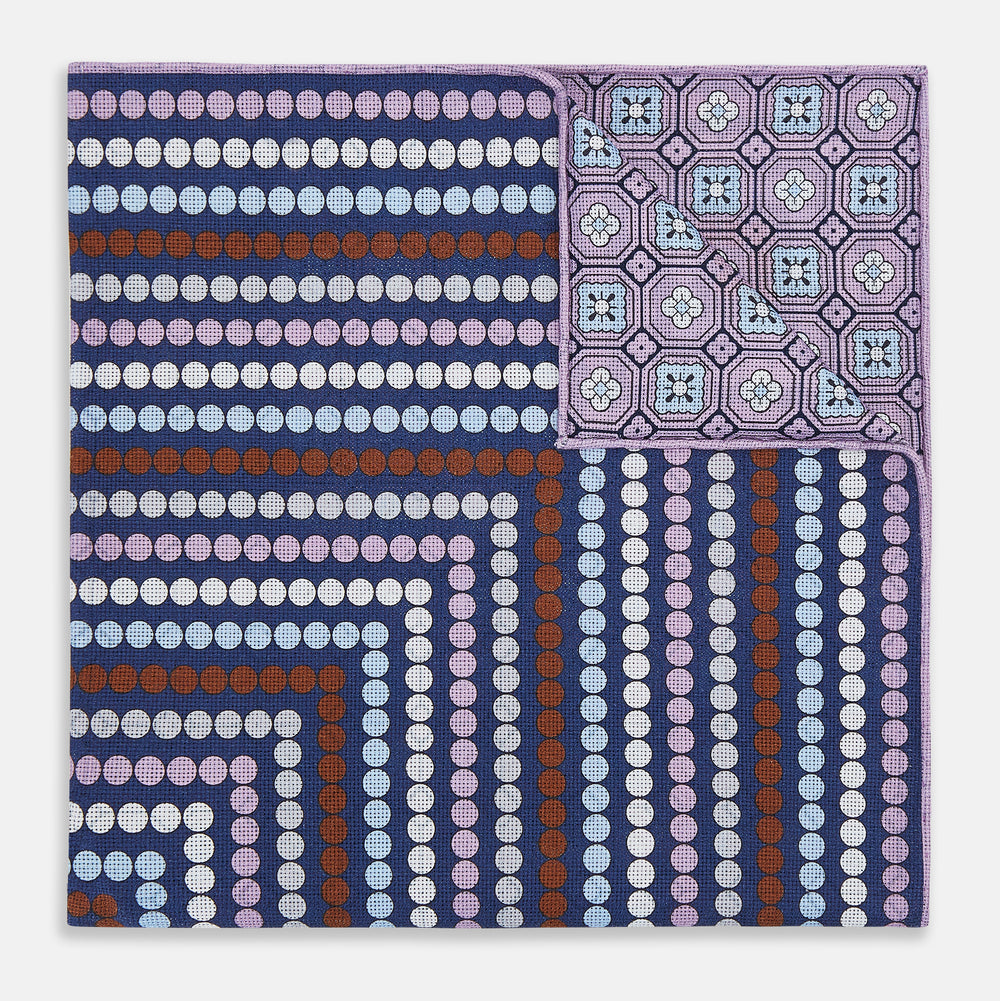 Azzurro Dots and Floral Tile Double-Sided Silk Pocket Square OS
