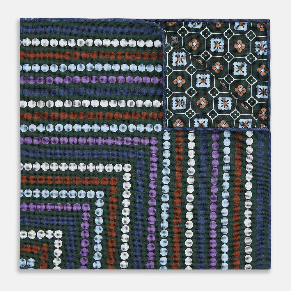 Forest Green Dots and Floral Tile Double-Sided Silk Pocket Square OS