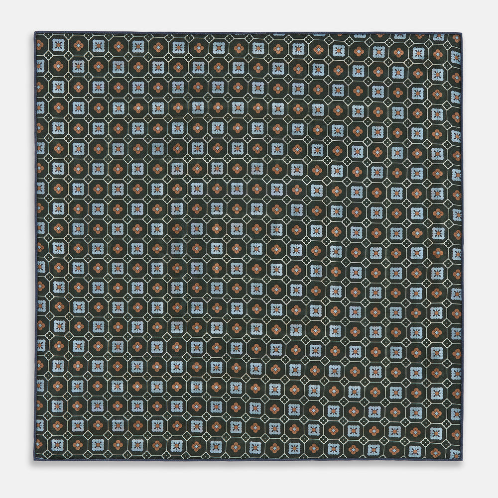 Forest Green Dots and Floral Tile Double-Sided Silk Pocket Square OS