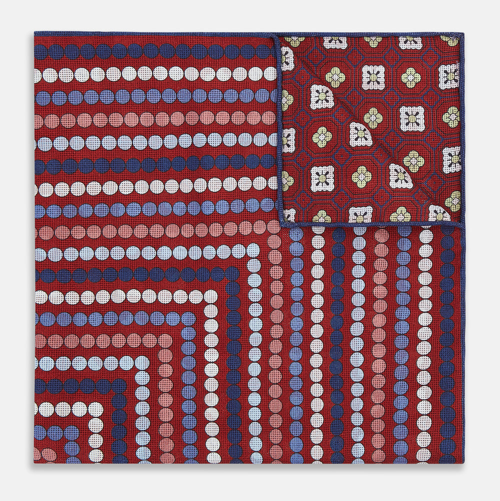 Red Dots and Floral Tile Double-Sided Silk Pocket Square OS
