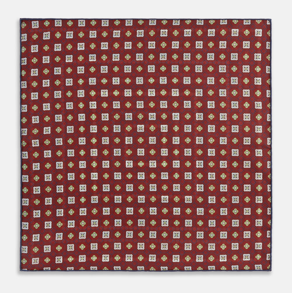 Red Dots and Floral Tile Double-Sided Silk Pocket Square OS